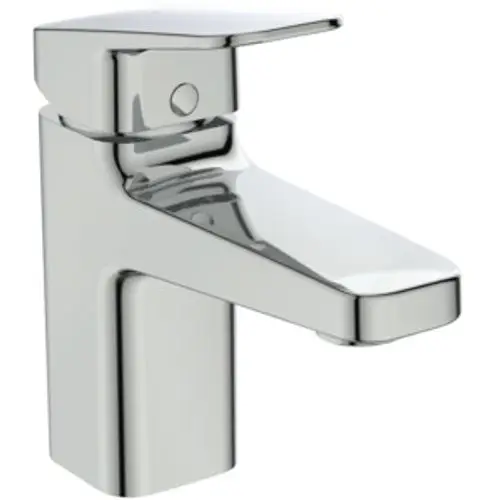 Waschtischarmatur in verchromter Ausführung von Ideal Standard, mit flacher Oberseite und seitlichem Hebel zur Wasserregulierung.